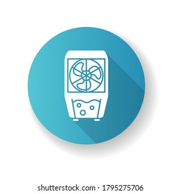 Evaporative cooling device blue flat design long shadow glyph icon. Domestic amenity, household appliance for air cooling and humidification. Swamp cooler Silhouette RGB color illustration