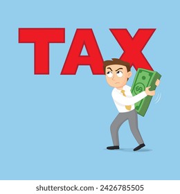 Evasion business man tries to hide money from tax name by piling money behind. Concept of tax finance problems.Flat, Vector, Illustration, Cartoon, EPS10. 