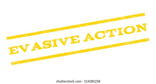 Evasive Action watermark stamp. Text tag between parallel lines with grunge design style. Rubber seal stamp with unclean texture. Vector yellow color ink imprint on a white background.
