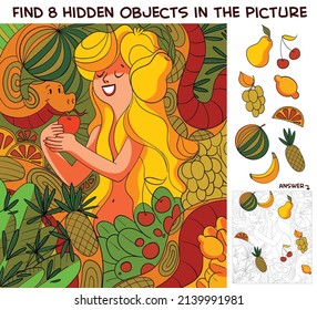 Eve  apple   snake  Find 8 hidden objects in the picture  Puzzle Hidden Items  Funny cartoon character  Vector illustration  Set