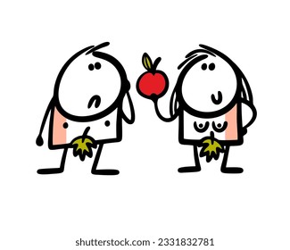 Eve hands Adam an apple, forbidden fruit. Vector illustration of temptation, religious plot. Cartoon stick man character isolated on white background. 