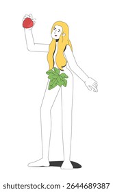 Eve holding forbidden fruit 2D cartoon bible character. Genesis female. Biblical woman apple with long hair and fig leaf covering body flat vector person isolated on white. Spot illustration colorful