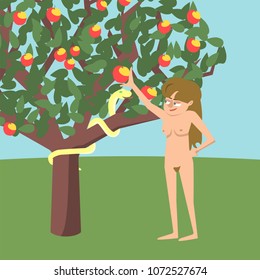 Eve near the apple tree, talking to serpent, creation myth, vector cartoon illustration in flat style