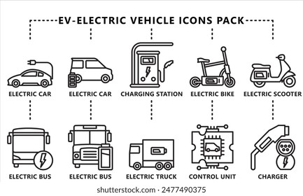 EV-Electric Vehicle black outline icons pack, related to EV, electric vehicle, transportation, electric car and technology theme. use for modern concept, web and app 