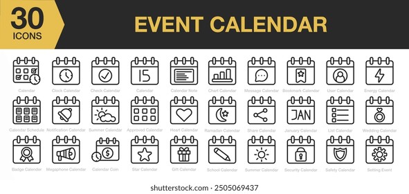 Even Calendar icon set. Includes summer, ramadan, wedding, schedule, note calendar and More. Outline icons vector collection.