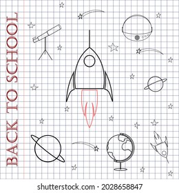 even drawings contour on a checkered page about space back to school