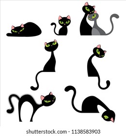 Even More Black Cat Poses Set Vector Illustration Isolated on White