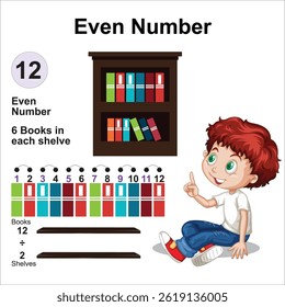 Even number of books neatly arranged on shelves, minimalistic vector illustration.