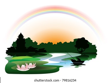 In the evening after the rain hanging a rainbow above the quiet  lake in the woods