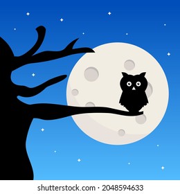 Evening atmosphere background banner. Owl icon on a tree. Flat design cartoon concept