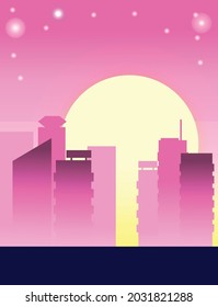 Evening atmosphere Many big city buildings. Bright pink color gradient. Bright evening concept in the city.
