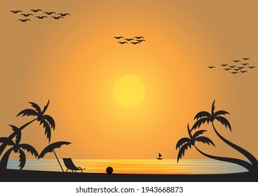 Evening atmosphere Sunset by the sea, the yellow sky is glittering. There are birds flying back, nests, coconut trees, beach chairs, umbrellas and balls on the sand floor.