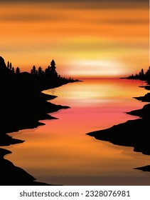 Evening background image when the sun is about to set, the twilight shines golden, overlooking the mountains, the sea and the golden sky.