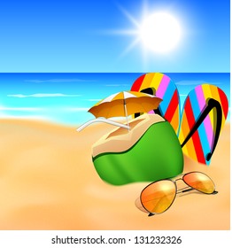 Evening background with sunglasses, flip flops and refreshment at sea beach.