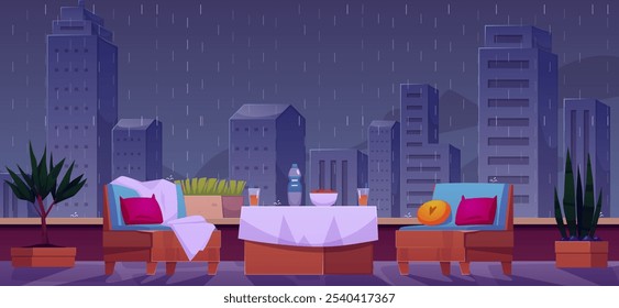 Evening balcony with a view of the city in the rain. Vector illustration with chairs, pillows, a table with juice. An urban landscape with tall skyscrapers