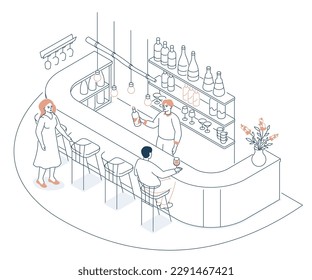 Evening at the bar - modern line design style isometric illustration on white background. Composition with bartender pouring wine to the man at the bar counter, girl came on a date, hotel lobby