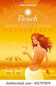 Evening beach background with beautiful elegant girl and tropical cocktail
