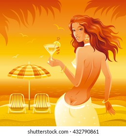 Evening beach background with beautiful elegant girl and tropical cocktail