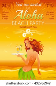 Evening beach background with beautiful hula girl and tropical cocktail