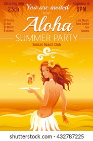 Evening beach background with beautiful hula girl and tropical cocktail