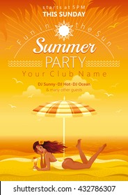 Evening Beach Background With Beautiful Sexy Girl And Tropical Cocktail Lying Under Parasol. Summer Luau Party Invitation Flyer