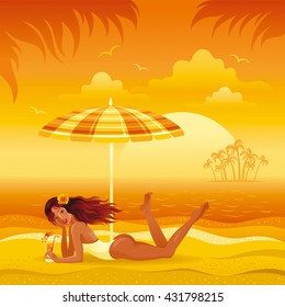 Evening beach background with beautiful tan girl and umbrella