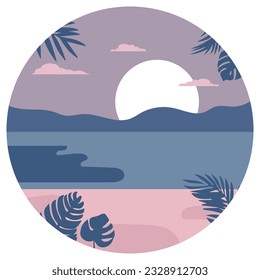 Afiche redondeado con el paisaje nocturno de la playa. Ilustración vectorial.