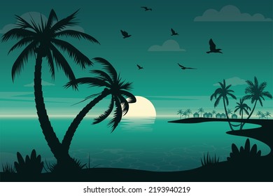Evening Beach - Modern Flat landscape illustration.