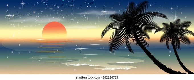 Evening beach with palm 