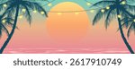 Evening beach with palm trees at sunset. Palm trees with garlands on a paradise beach. Beach party. Palm trees with lanterns on the ocean shore. Vector holiday illustration for vacation design.