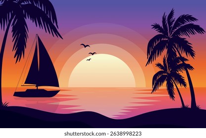 Evening beach scene with palm trees and sailboat. Orange sunset sky and sea with boat silhouette. Colorful flat vector illustration for relaxation, travel, and tropical vacation design themes