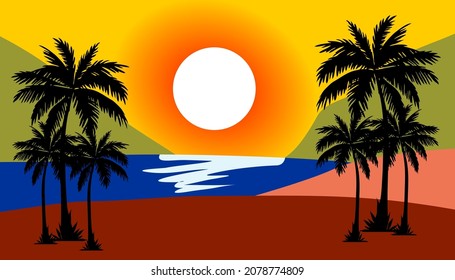 
Abends Strandszene, abendliches Meer und Sonnenuntergang Strandcartoon Vektorgrafik.