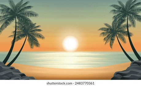 Abendliche Strandlandschaft mit Silhouette Kokospalme. Grafische Vektorgrafik. 