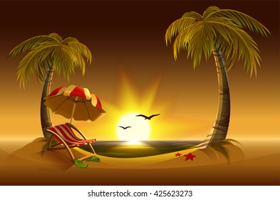 Evening beach. Sea, sun, palm trees and sand. Romantic summer vacation. Illustration in vector format