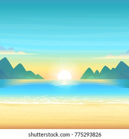 Evening beach at sunset with clean calm water, clouds and mountains on the horizon. Vector cartoon illustration.