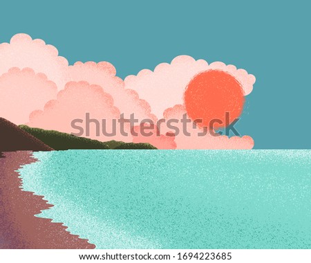 Evening beach and turquoise ocean or sea, big orange sun in blue sky with clouds, green hills  in background, colorful vector illustration with grainy texture