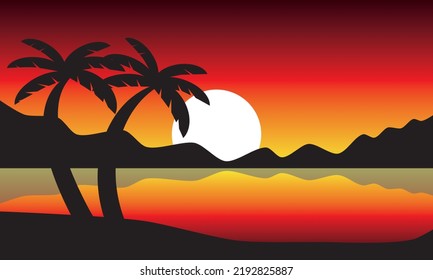 Evening beach, vector illustration. Palm trees in the foreground, sunset and mountains in the background.