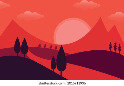 Abends schöne Illustration, Tapete, Hintergrund, Bäume, Berge Abend Sonne Untergrundgrafik Download.