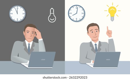 In evening businessman sits in stupor, exhausted and deep in thought. By morning he looks refreshed, found a brilliant idea. Concept of very efficient in morning hours for solving difficult problem.
