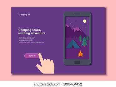 Evening camp with a fire and a tent pine forest and rocky mountains in a mobile phone with hand in paper cut style. Camping mobile template adventure application. Vector illustration card.