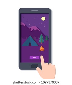 Evening camp with a fire and a tent pine forest and rocky mountains in a mobile phone with hand in paper cut style. Camping mobile template adventure application. Vector illustration card.