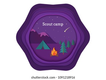 Evening camp whith bonfire and tent in trandy paper cut style. Pine forest and rocky mountains. Starry night sky and shooting star. Vector card illustration. Night camping adventure