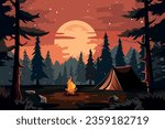 Evening camping background. There is a tent in the forest and a fire is burning. Vector illustration in cartoon style.
