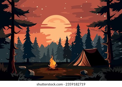 Evening camping background. There is a tent in the forest and a fire is burning. Vector illustration in cartoon style.