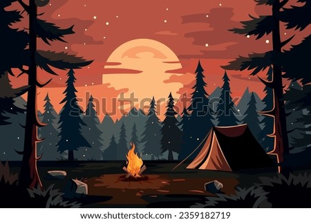 Evening camping background. There is a tent in the forest and a fire is burning. Vector illustration in cartoon style.