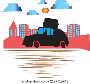 evening car driving cartoon illustrator and vector for Posters and T-shirt
