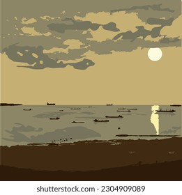 In the evening, cargo barges are waiting, the reflection of the moon in the water. Dark sky, storm clouds, sea.