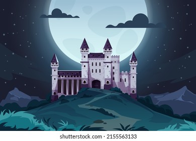 Evening cartoon castle. Medieval fairytale fortress at night, magic landscape with royal palace. Vector kingdom capital scene. Gothic architecture, historical building exterior with gate