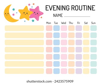 Evening checklist for kids. Evening routine tracker for children. Daily regime. My chore chart. My tasks and responsibilities. Daily routine tracker for children. Daily regime.