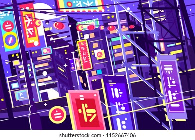 Evening chinese city. Bright neon signs, glowing streets. Vector illustration